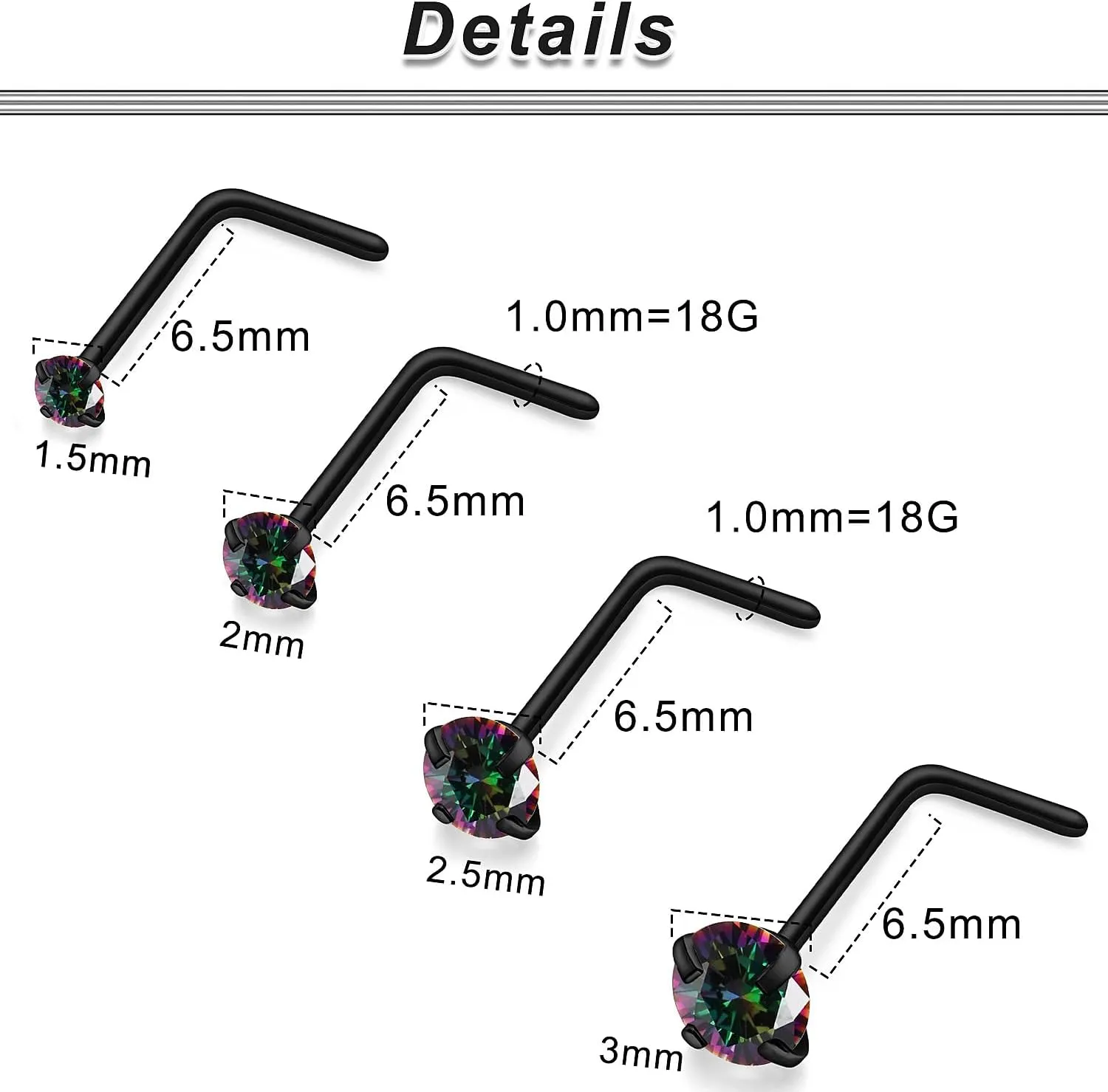 Ocptiy 18G 20G 22G Hypoallergenic Silver Nose Rings Studs 316L Surgical Steel Screw Straight L Shaped Nose Studs Shiny Cubic Zirconia Nose Nostril Rins Piercing Jewelry for Women Men CZ 1.5mm 2mm