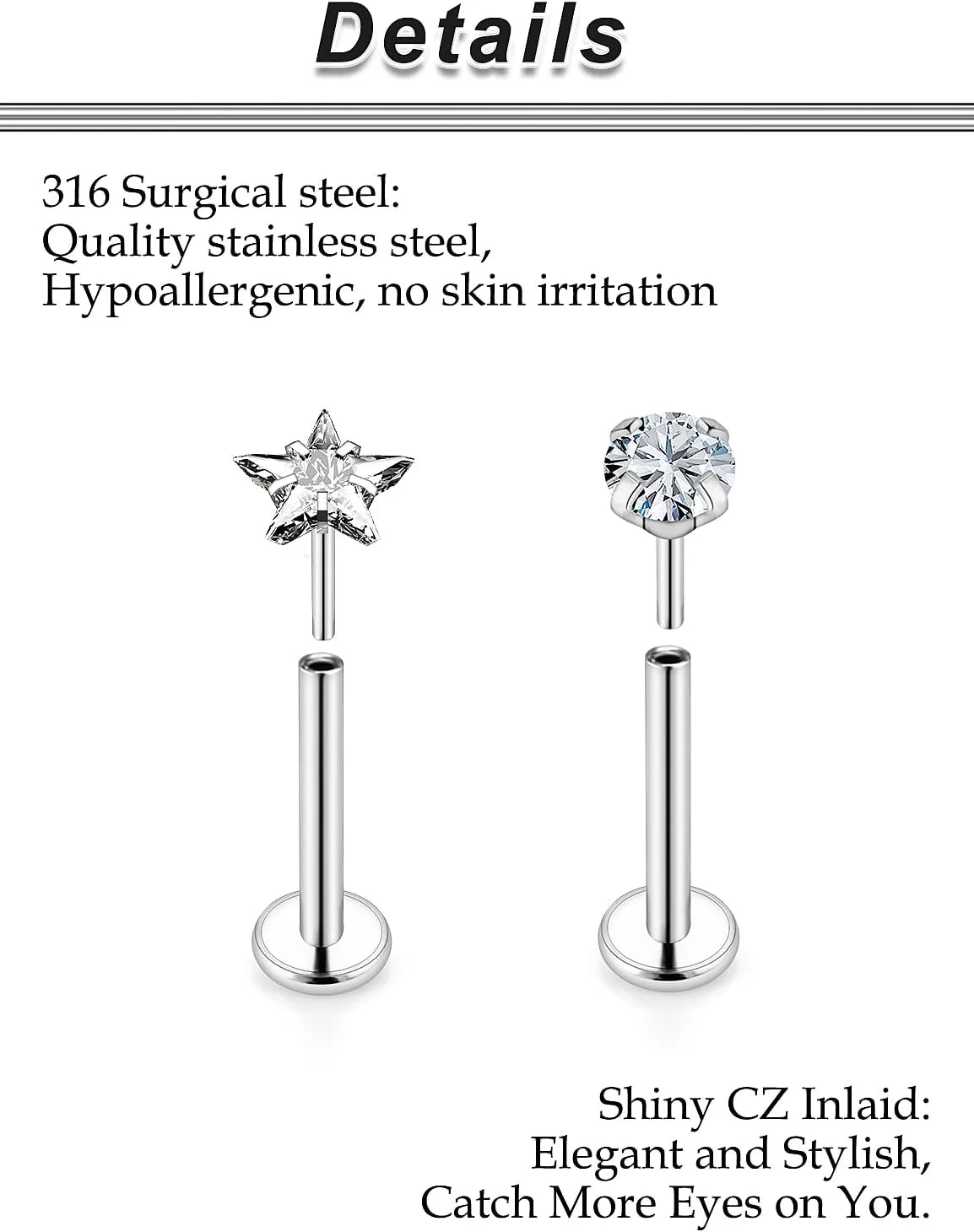 Ocptiy 20G 18G 16G Push in Theadless Nose Rings Studs Hypoallergenic Lip Labret Jewelry Flat Back Nose Stud Stainless Steel Cartilage Helix Tragus Earrings for Women Men 6mm 7mm 8mm Bars Diamond 3mm