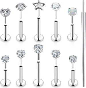 Ocptiy 20G 18G 16G Push in Theadless Nose Rings Studs Hypoallergenic Lip Labret Jewelry Flat Back Nose Stud Stainless Steel Cartilage Helix Tragus Earrings for Women Men 6mm 7mm 8mm Bars Diamond 3mm