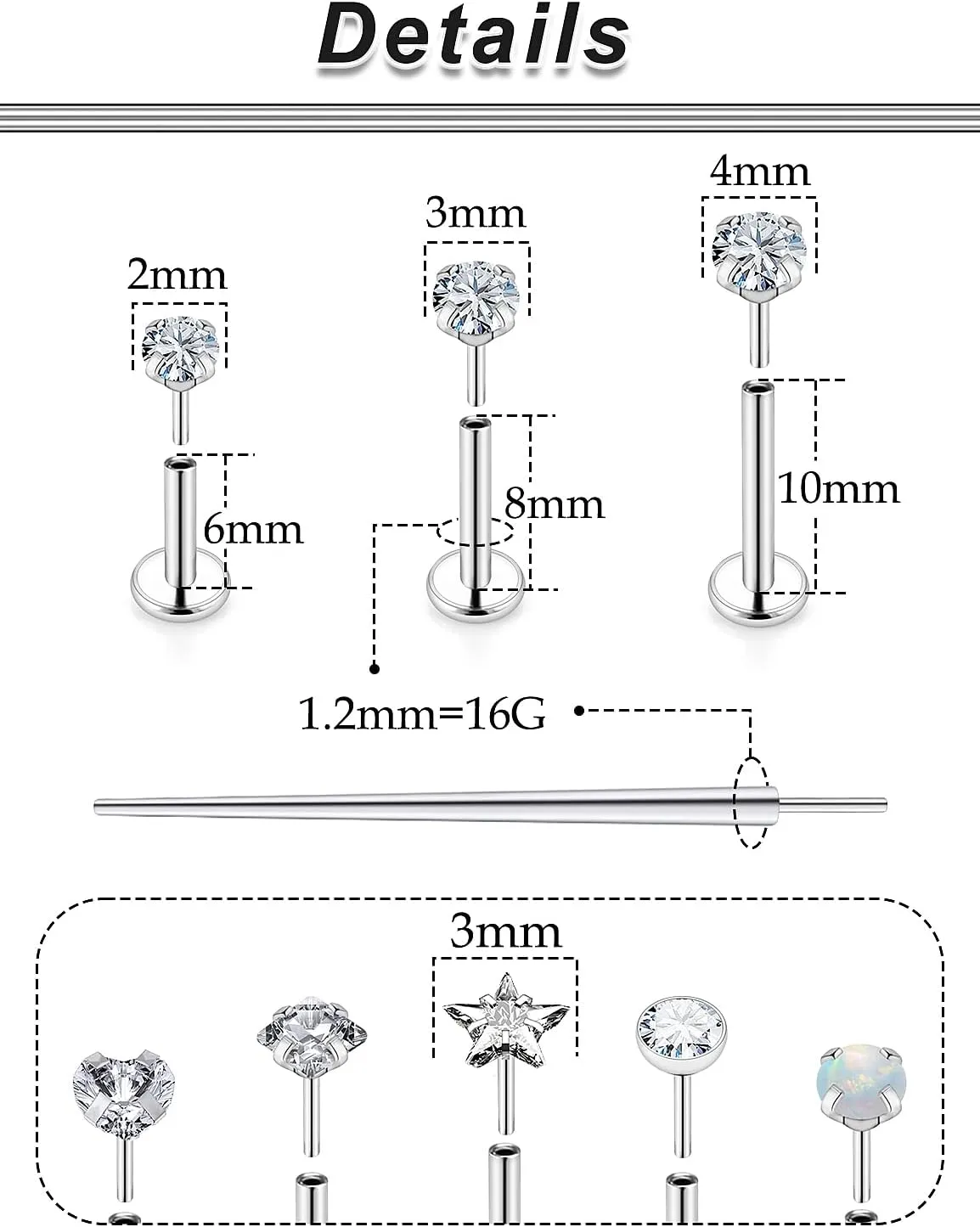 Ocptiy 20G 18G 16G Push in Theadless Nose Rings Studs Hypoallergenic Lip Labret Jewelry Flat Back Nose Stud Stainless Steel Cartilage Helix Tragus Earrings for Women Men 6mm 7mm 8mm Bars Diamond 3mm