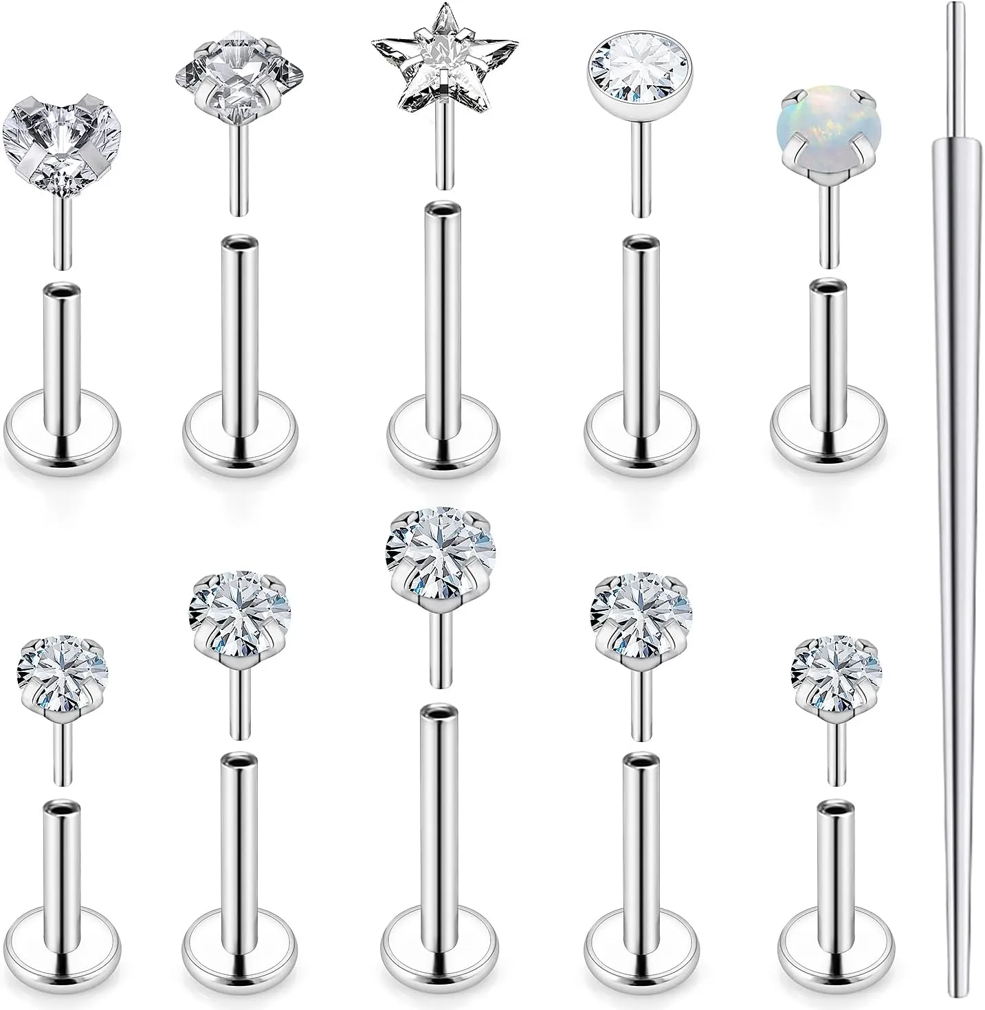 Ocptiy 20G 18G 16G Push in Theadless Nose Rings Studs Hypoallergenic Lip Labret Jewelry Flat Back Nose Stud Stainless Steel Cartilage Helix Tragus Earrings for Women Men 6mm 7mm 8mm Bars Diamond 3mm