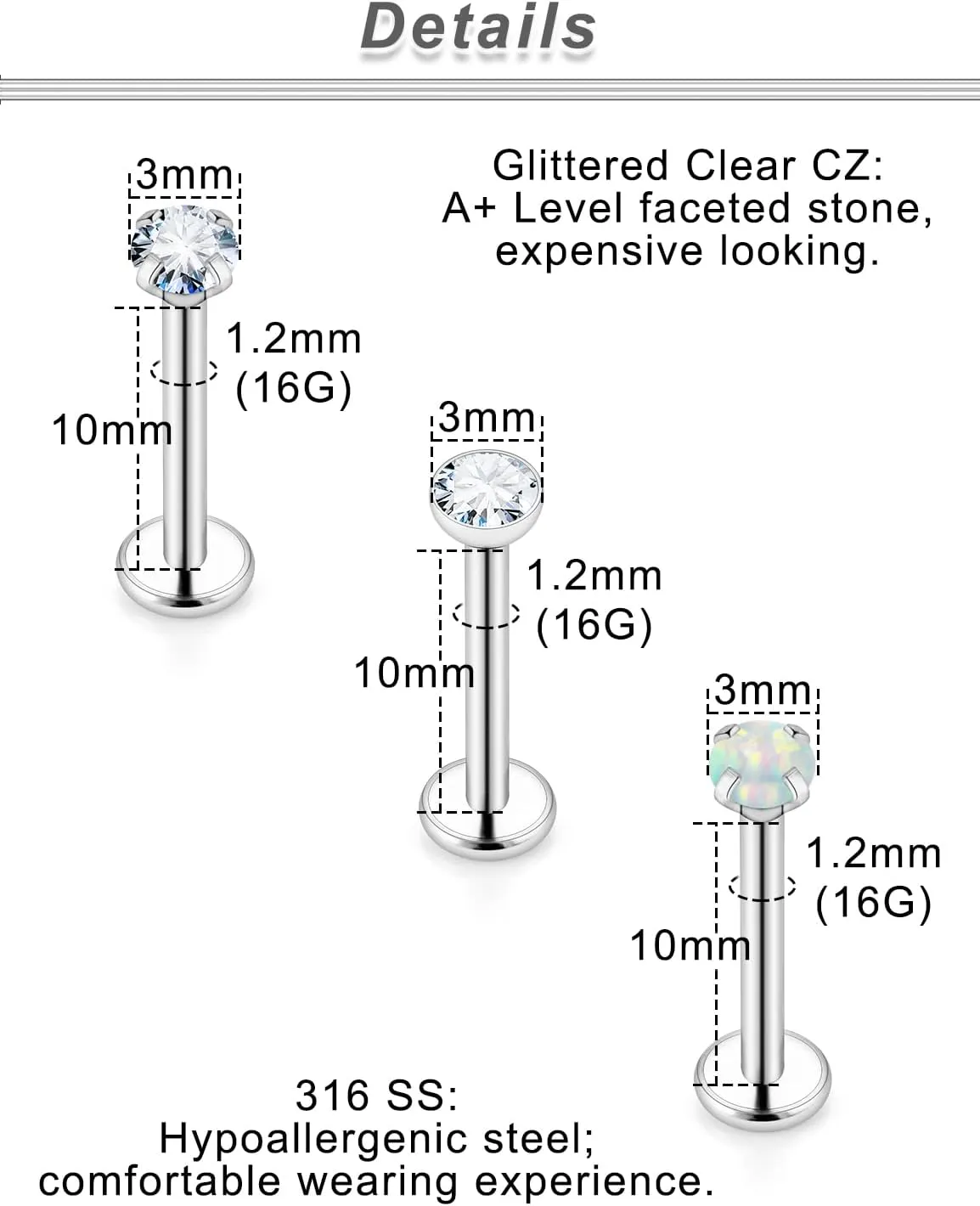 Ocptiy 20G 18G 16G Push in Theadless Nose Rings Studs Hypoallergenic Lip Labret Jewelry Flat Back Nose Stud Stainless Steel Cartilage Helix Tragus Earrings for Women Men 6mm 7mm 8mm Bars Diamond 3mm