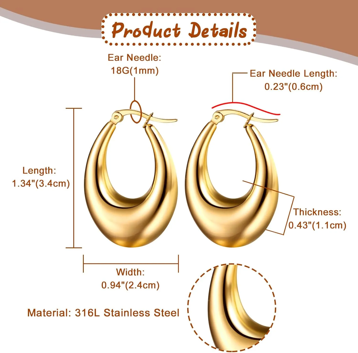 OIDEA Chunky Gold Hoop Earrings for Women: Dainty Large Thick Oval Hoop Earrings Lightweight Hypoallergenic Stainless Steel Womens Earrings Jewelry Gift