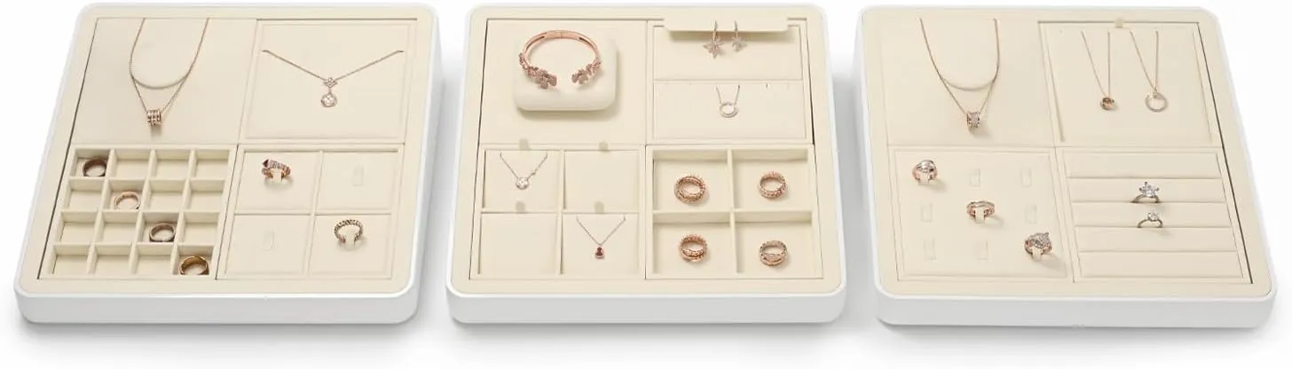 Oirlv Microfiber 4 Grids Stackable Jewelry Display Trays Showcase Jewelry Organizer Storage Trays(Beige)