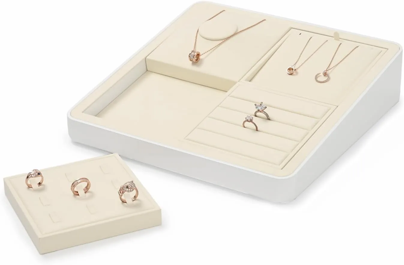 Oirlv Microfiber 4 Grids Stackable Jewelry Display Trays Showcase Jewelry Organizer Storage Trays(Beige)