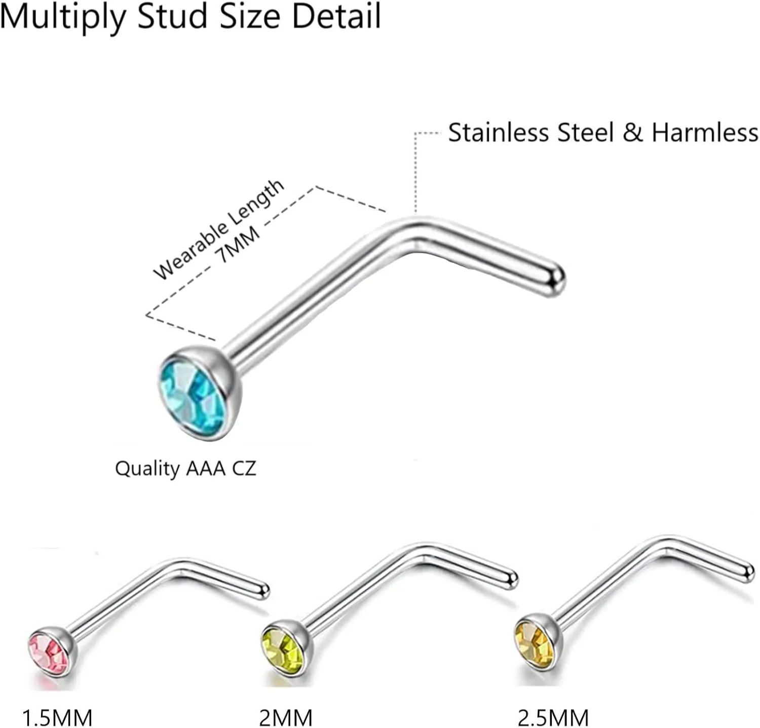 OMAIGAR Nose Rings Studs, Straight/L/Screw Shaped Nose Studs for Women Men, Surgical Stainless Steel Hypoallergenic Nose Piercing Jewelry 1.5/2/2.5mm Size Crystal and Ideal Gift