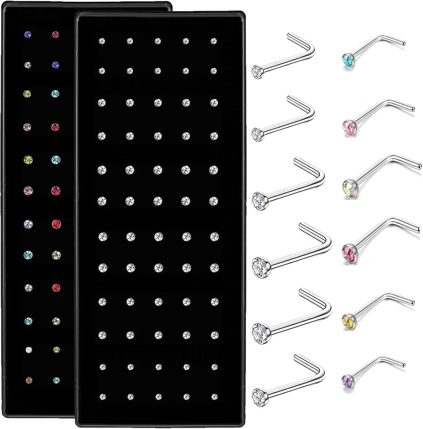 OMAIGAR Nose Rings Studs, Straight/L/Screw Shaped Nose Studs for Women Men, Surgical Stainless Steel Hypoallergenic Nose Piercing Jewelry 1.5/2/2.5mm Size Crystal and Ideal Gift