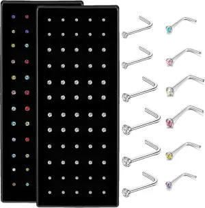 OMAIGAR Nose Rings Studs, Straight/L/Screw Shaped Nose Studs for Women Men, Surgical Stainless Steel Hypoallergenic Nose Piercing Jewelry 1.5/2/2.5mm Size Crystal and Ideal Gift