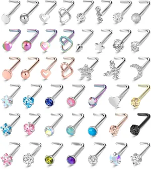 ONESING 36-44 Pcs 18G 20G Nose Rings Studs Nose Rings for Women Nose Piercings Jewelry Surgical Stainless Steel Nose Studs Moon Star Heart Butterfly Hypoallergenic Body Piercing Jewelry for Women Men