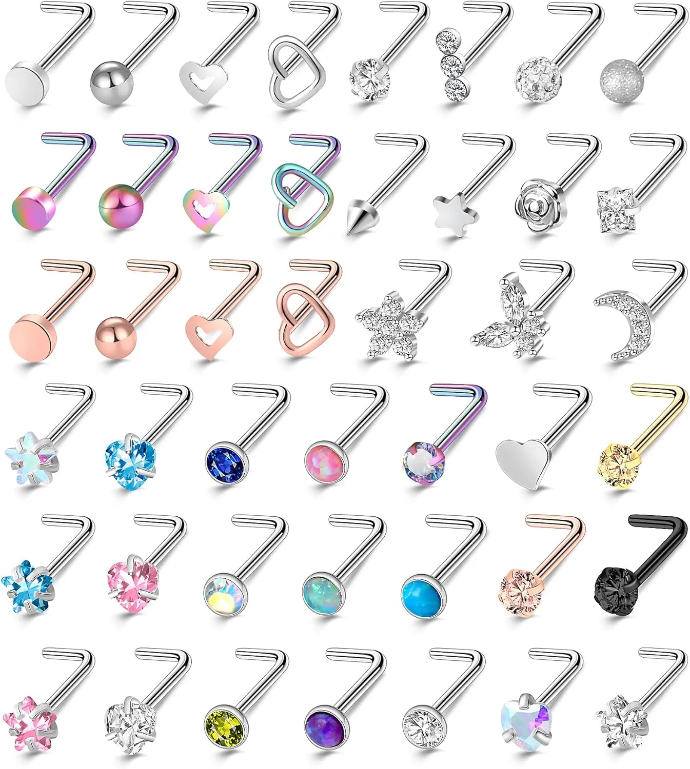 ONESING 36-44 Pcs 18G 20G Nose Rings Studs Nose Rings for Women Nose Piercings Jewelry Surgical Stainless Steel Nose Studs Moon Star Heart Butterfly Hypoallergenic Body Piercing Jewelry for Women Men