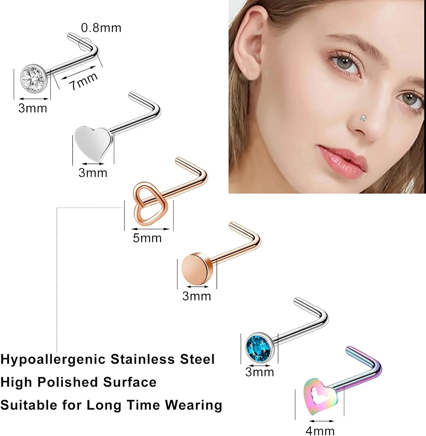 ONESING 36-44 Pcs 18G 20G Nose Rings Studs Nose Rings for Women Nose Piercings Jewelry Surgical Stainless Steel Nose Studs Moon Star Heart Butterfly Hypoallergenic Body Piercing Jewelry for Women Men