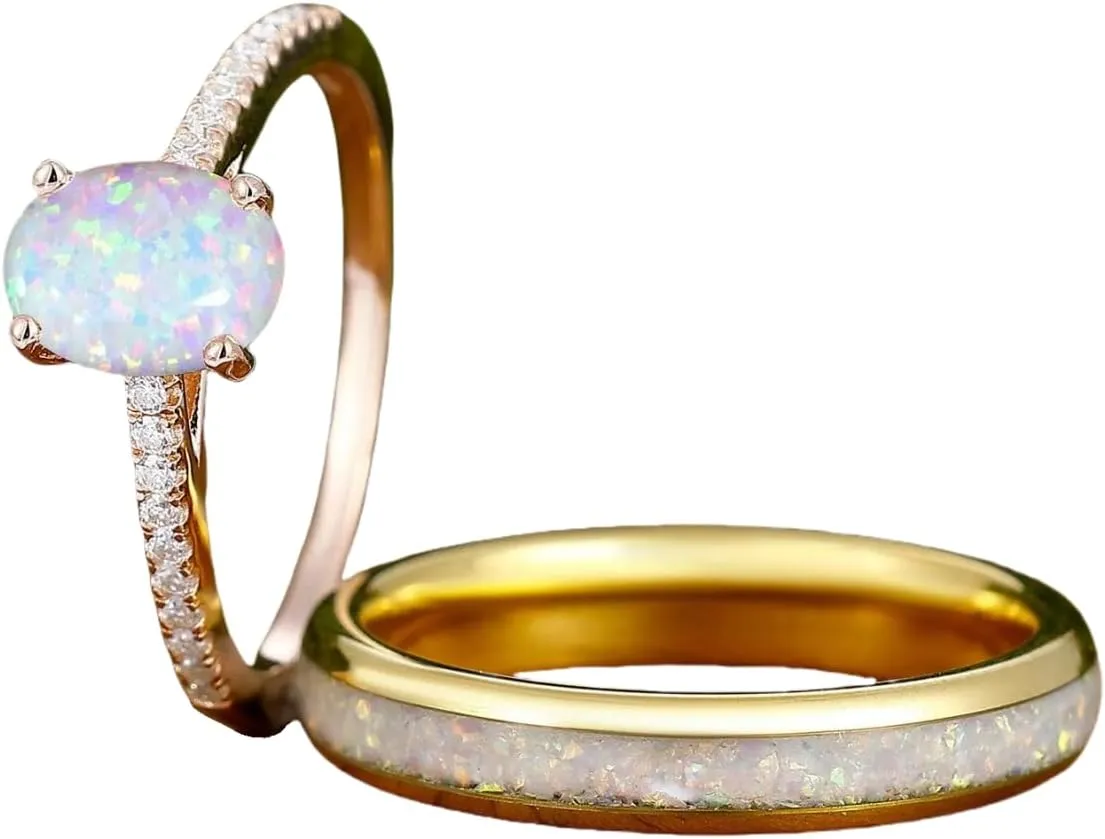 Opal Couple Ring Sets S925 10K 14K 18K Gold White Opal Matching Rings for Couples Multi-style His and Hers Wedding Ring Sets Art Deco Opal Engagement Promise Rings for Couples Opal Jewelry 2Pcs