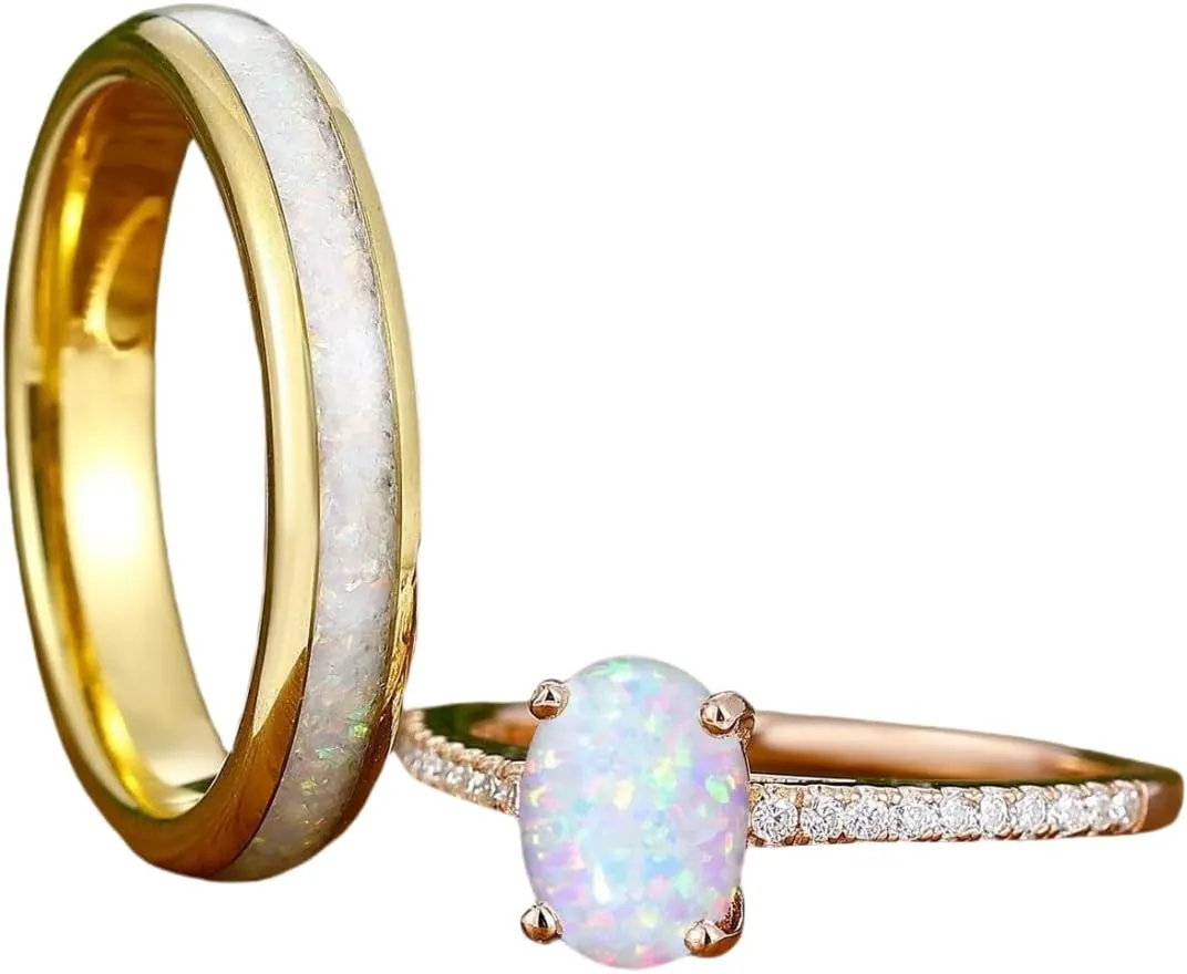 Opal Couple Ring Sets S925 10K 14K 18K Gold White Opal Matching Rings for Couples Multi-style His and Hers Wedding Ring Sets Art Deco Opal Engagement Promise Rings for Couples Opal Jewelry 2Pcs