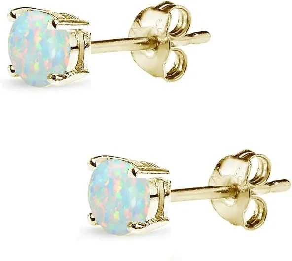 Opal Earrings for Women Sterling Silver Round-Cut Solitaire Synthetic Studs for Bridesmaids, Prom
