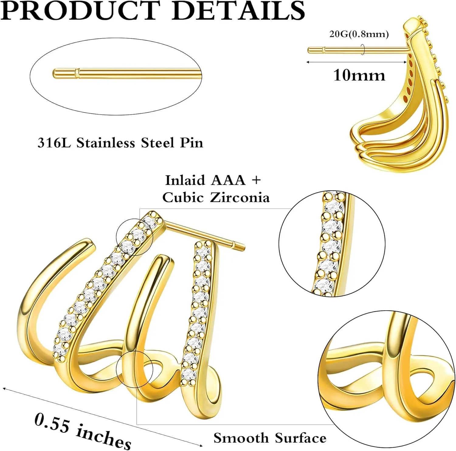 ORAZIO 4 Pairs Claw Earrings for Women CZ Claw Earrings Gold/Silver Stud Earrings Trendy Ear Wrap Piercing Minimalist Illusion Earrings Triple Hoop Earrings Flower Triple Huggie Stud Earrings Warp Cuff Earrings for Women