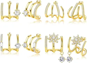 ORAZIO 4 Pairs Claw Earrings for Women CZ Claw Earrings Gold/Silver Stud Earrings Trendy Ear Wrap Piercing Minimalist Illusion Earrings Triple Hoop Earrings Flower Triple Huggie Stud Earrings Warp Cuff Earrings for Women