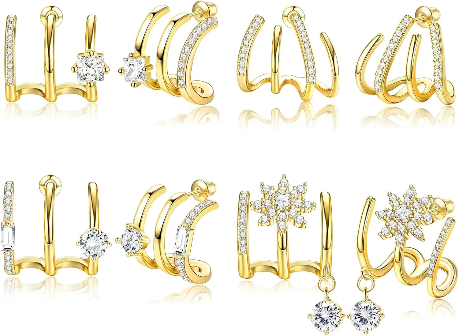 ORAZIO 4 Pairs Claw Earrings for Women CZ Claw Earrings Gold/Silver Stud Earrings Trendy Ear Wrap Piercing Minimalist Illusion Earrings Triple Hoop Earrings Flower Triple Huggie Stud Earrings Warp Cuff Earrings for Women