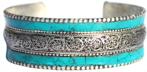 Ornate Mosaic Stabilized Turquoise Cuff Bracelet - Slightly Adjustable