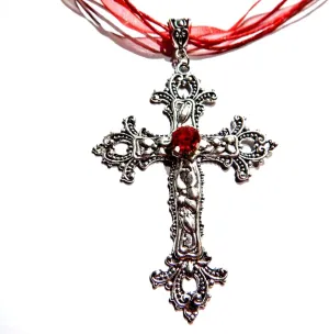 Ornate Red Gothic Cross Pendant on organza Ribbon & Cord Choker Necklace 16-18"