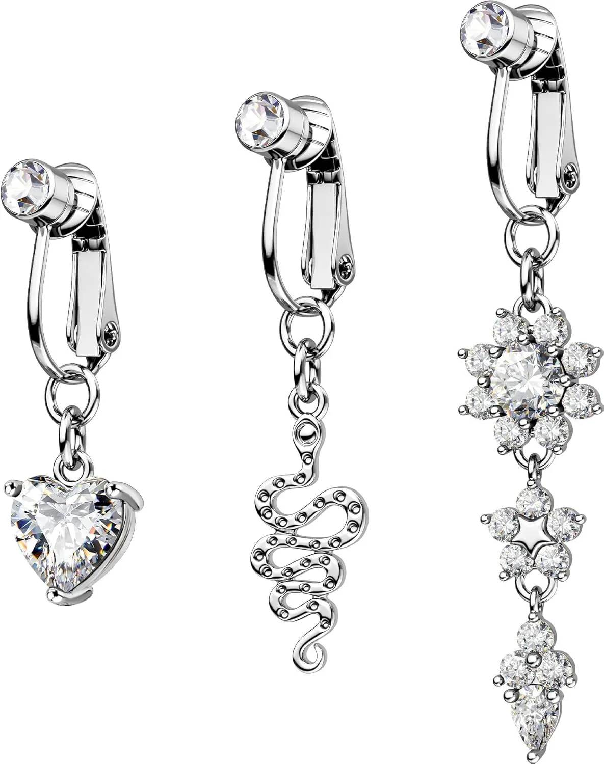 OUFER 3PCS Fake Belly Button Piercing Jewelry, Non-Piercing Clip on Belly Button Rings, Surgical Steel Dangle Clear CZ Faux Navel Rings for Women Men