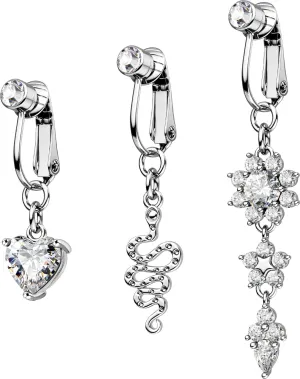 OUFER 3PCS Fake Belly Button Piercing Jewelry, Non-Piercing Clip on Belly Button Rings, Surgical Steel Dangle Clear CZ Faux Navel Rings for Women Men