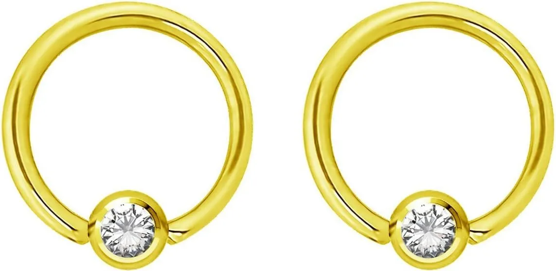 Pair 14g-20g Gold & Rose Gold Tone Surgical Steel CZ Gemmed Captive Bead Body Piercing Hoops (2pcs)