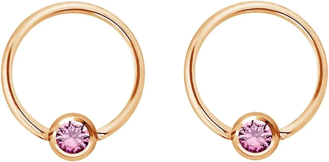 Pair 14g-20g Gold & Rose Gold Tone Surgical Steel CZ Gemmed Captive Bead Body Piercing Hoops (2pcs)