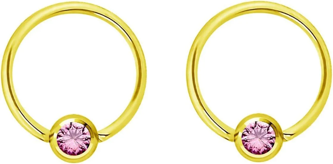 Pair 14g-20g Gold & Rose Gold Tone Surgical Steel CZ Gemmed Captive Bead Body Piercing Hoops (2pcs)