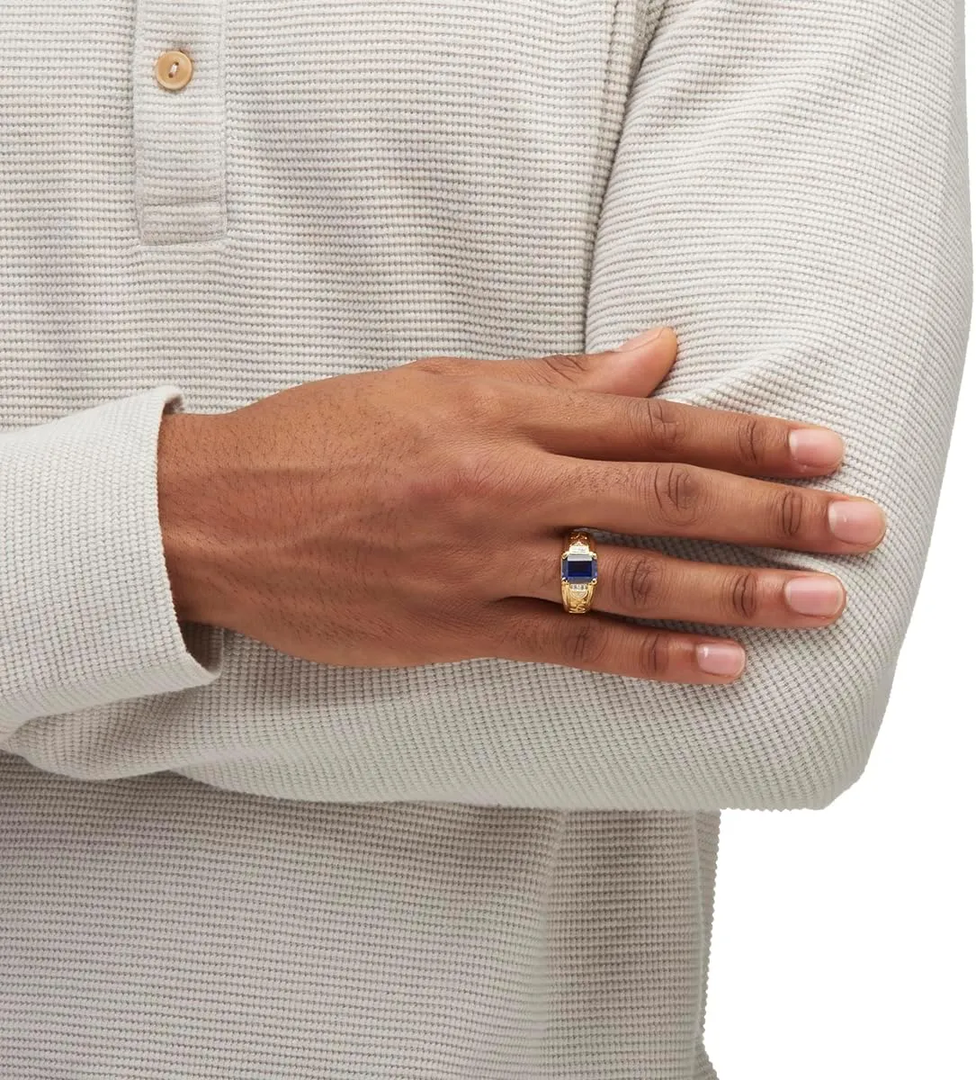 PalmBeach Men's Yellow Gold-Plated Emerald Cut Created Blue Sapphire and Diamond Accent Ring Sizes 8-13