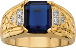 PalmBeach Men's Yellow Gold-Plated Emerald Cut Created Blue Sapphire and Diamond Accent Ring Sizes 8-13