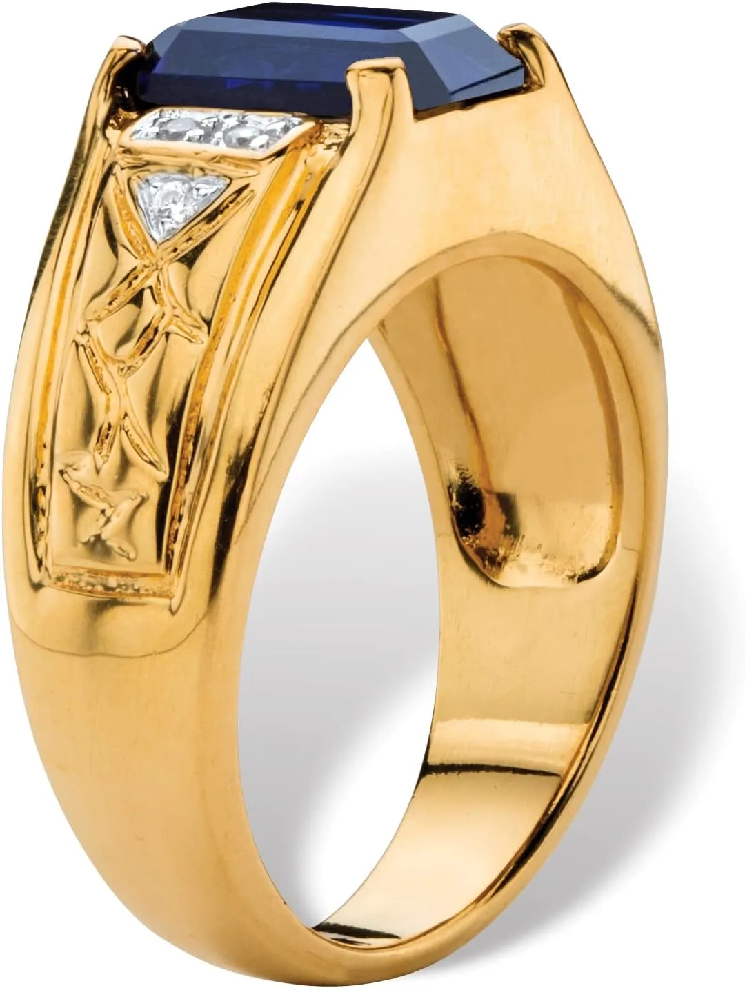 PalmBeach Men's Yellow Gold-Plated Emerald Cut Created Blue Sapphire and Diamond Accent Ring Sizes 8-13