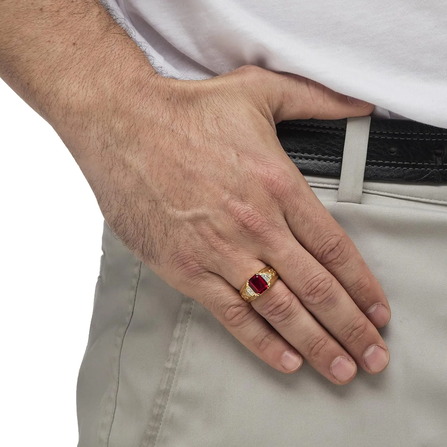 PalmBeach Men's Yellow Gold-plated Emerald Cut Genuine Red Garnet and Diamond Accent Ring Sizes 8-13