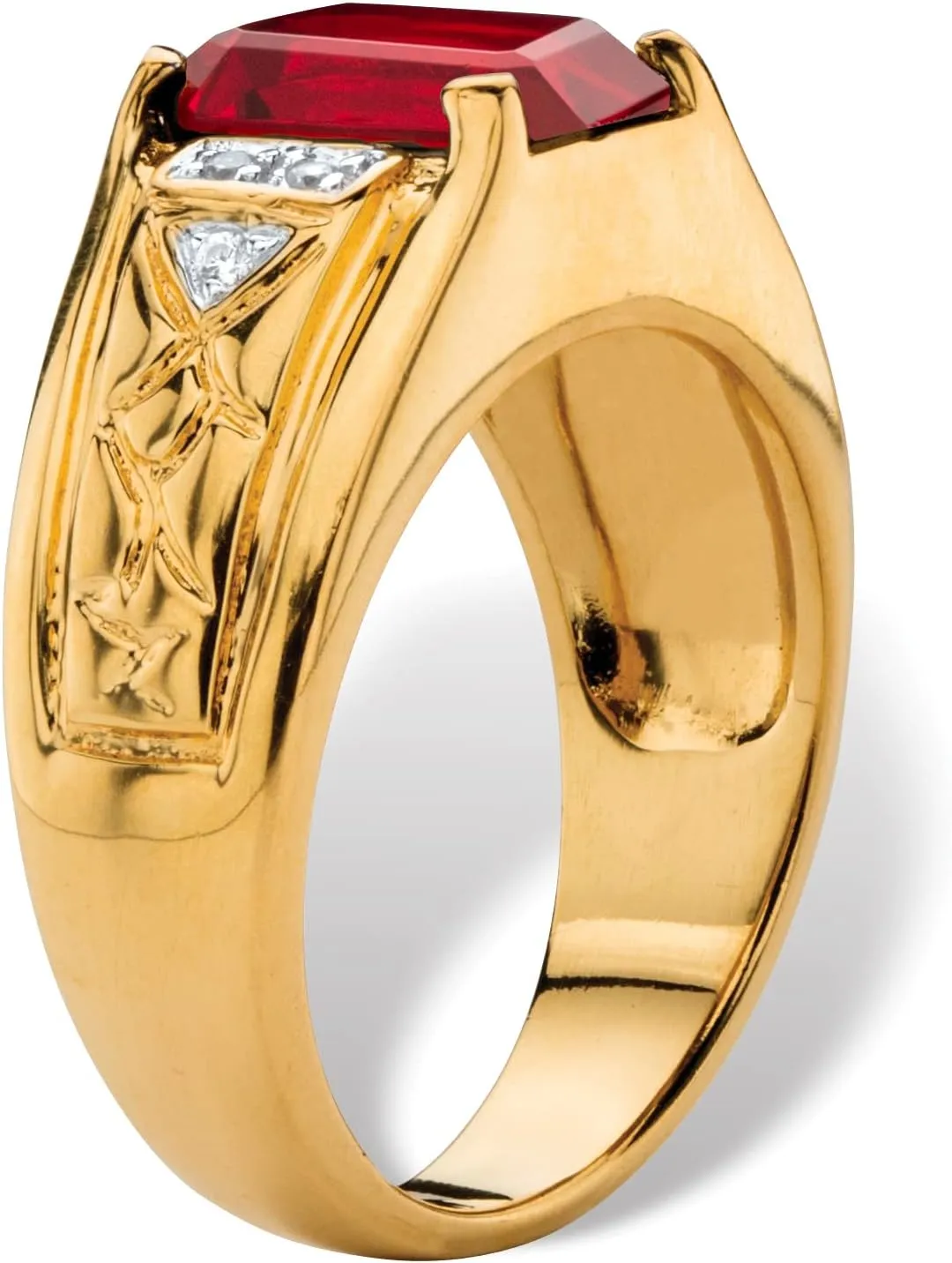 PalmBeach Men's Yellow Gold-plated Emerald Cut Genuine Red Garnet and Diamond Accent Ring Sizes 8-13
