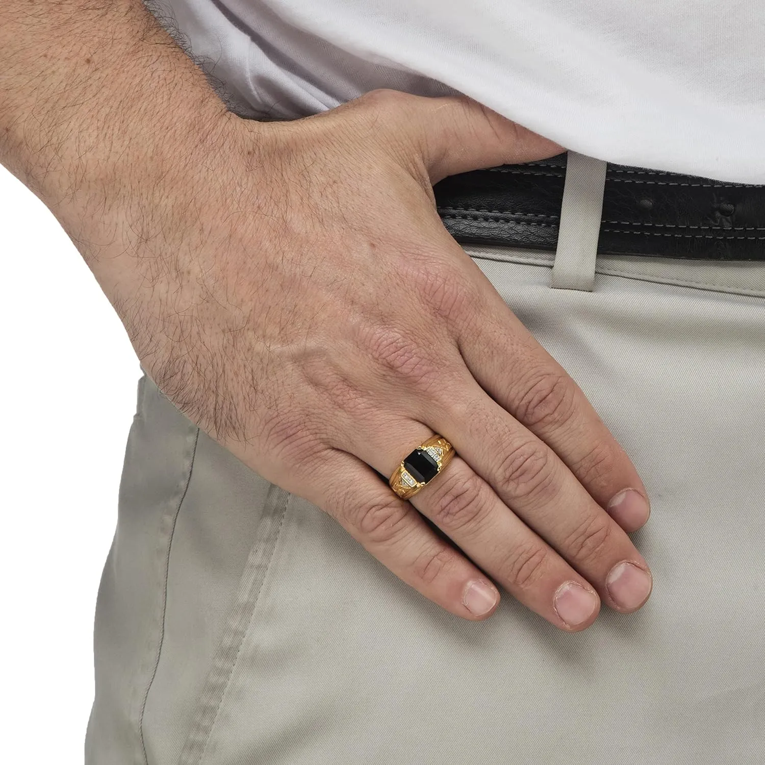 PalmBeach Men's Yellow Gold-Plated Emerald Cut Natural Black Onyx and Diamond Accent Ring Sizes 8-13