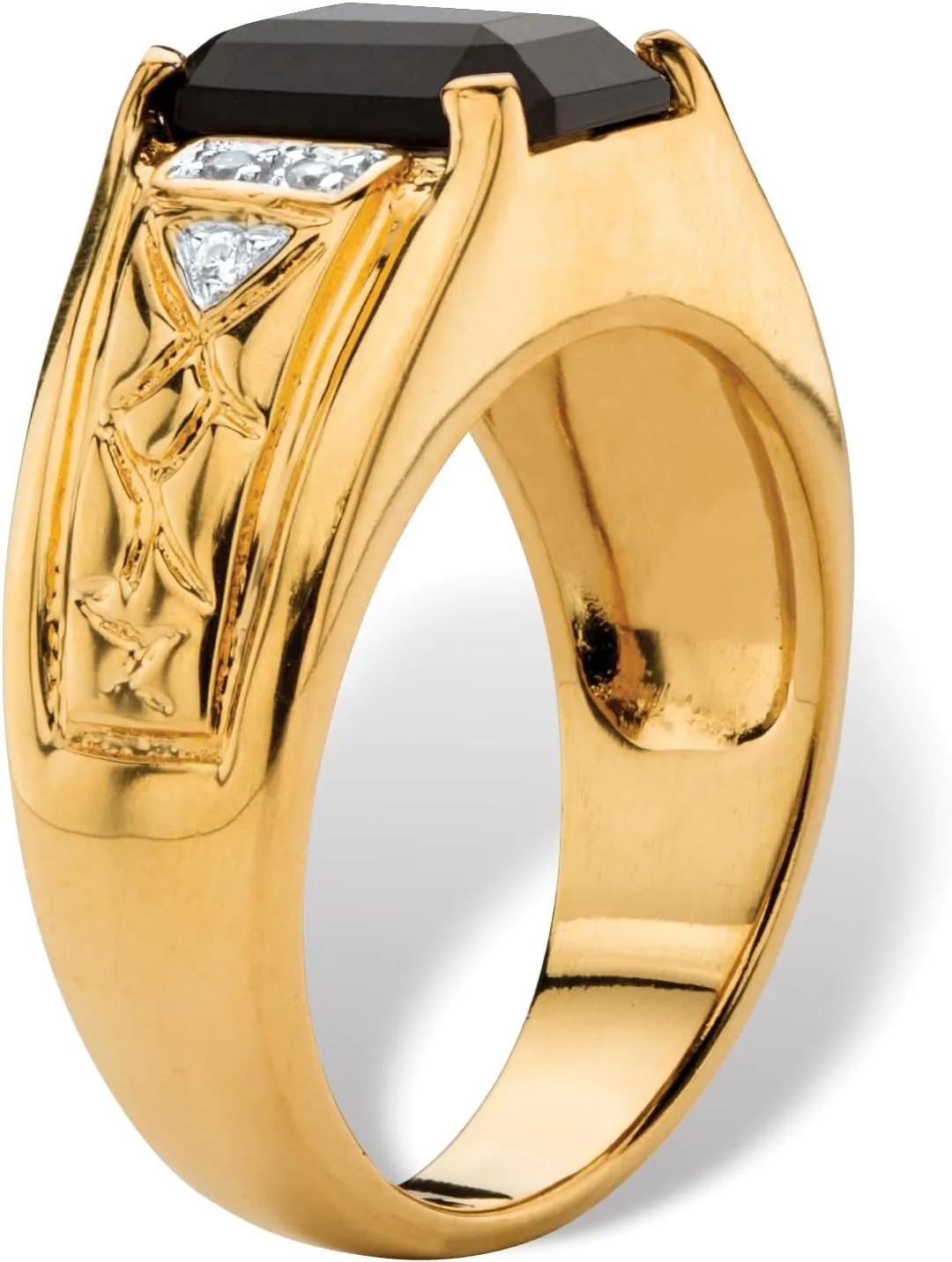 PalmBeach Men's Yellow Gold-Plated Emerald Cut Natural Black Onyx and Diamond Accent Ring Sizes 8-13