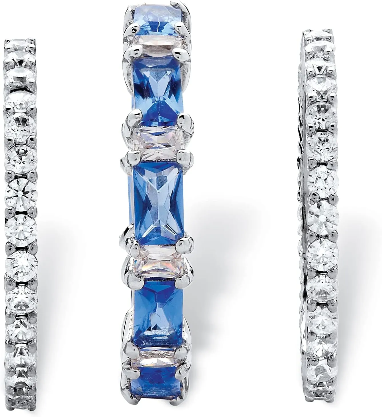 PalmBeach Platinum-plated Emerald Cut Simulated Blue Sapphire and Baguette Cubic Zirconia 3 Piece Set Bridal Eternity Ring Sizes 6-10
