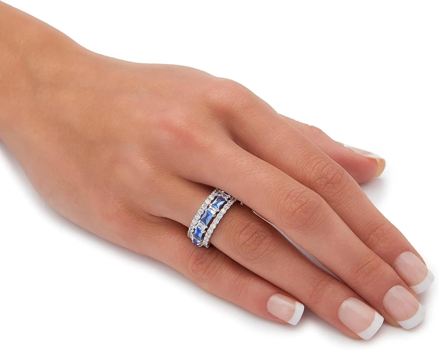 PalmBeach Platinum-plated Emerald Cut Simulated Blue Sapphire and Baguette Cubic Zirconia 3 Piece Set Bridal Eternity Ring Sizes 6-10