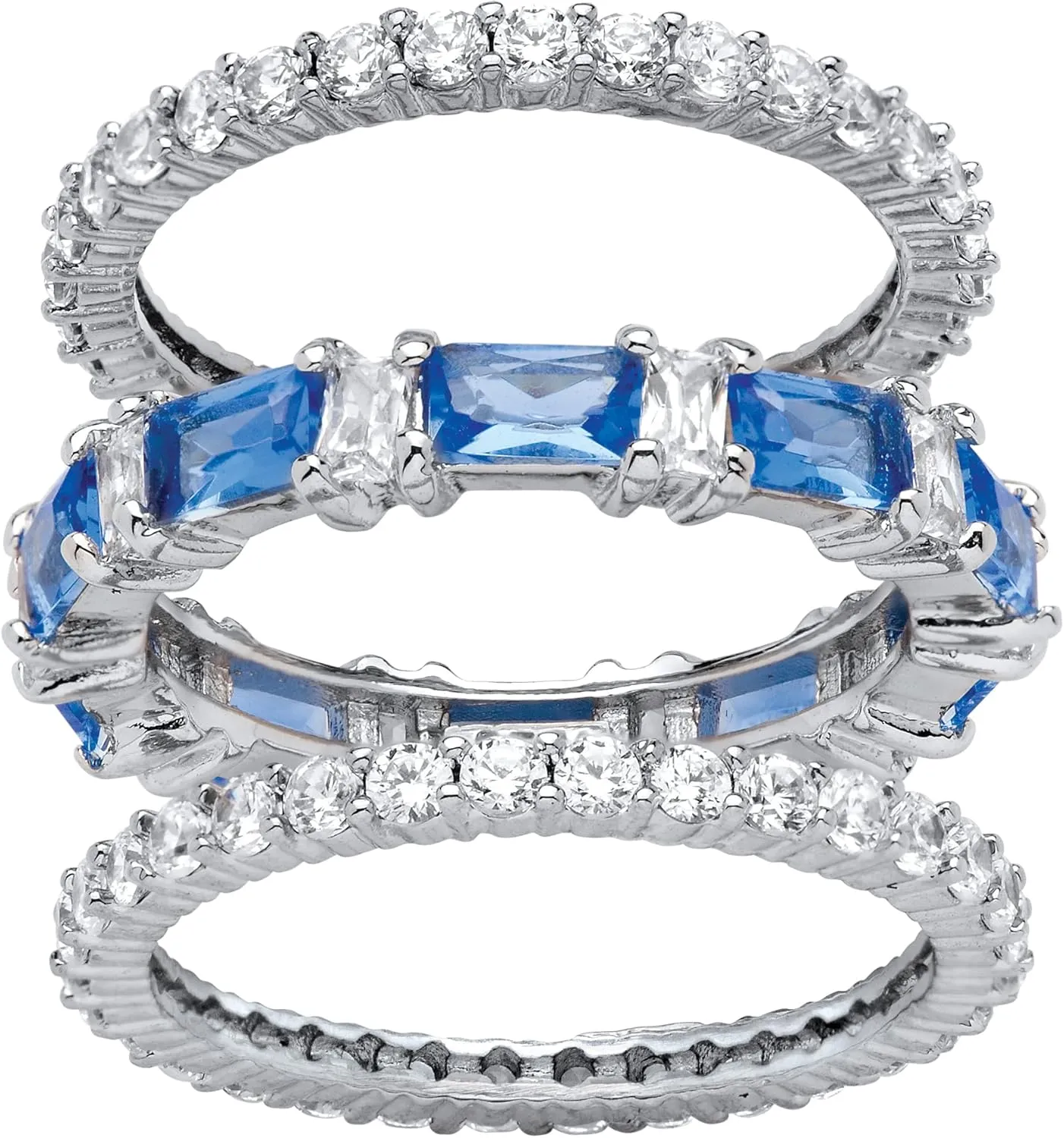 PalmBeach Platinum-plated Emerald Cut Simulated Blue Sapphire and Baguette Cubic Zirconia 3 Piece Set Bridal Eternity Ring Sizes 6-10