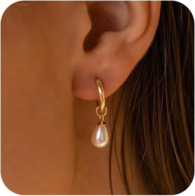 Pearl Earrings for Women, Gold Pearl Hoop Earrings for Women Trendy 14K Gold Plated Pearl Hoop Drop Earrings Jewelry Gifts for Women