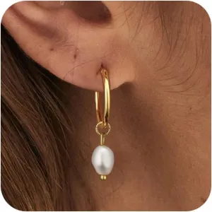 Pearl Earrings, Pearl Hoop Earrings for Women Trendy Gold Earrings 14K Gold Plated Pearl Huggie Drop Dangle Hoops Earrings Hypoallergenic Lightweight Dainty Earrings Jewelry for Women