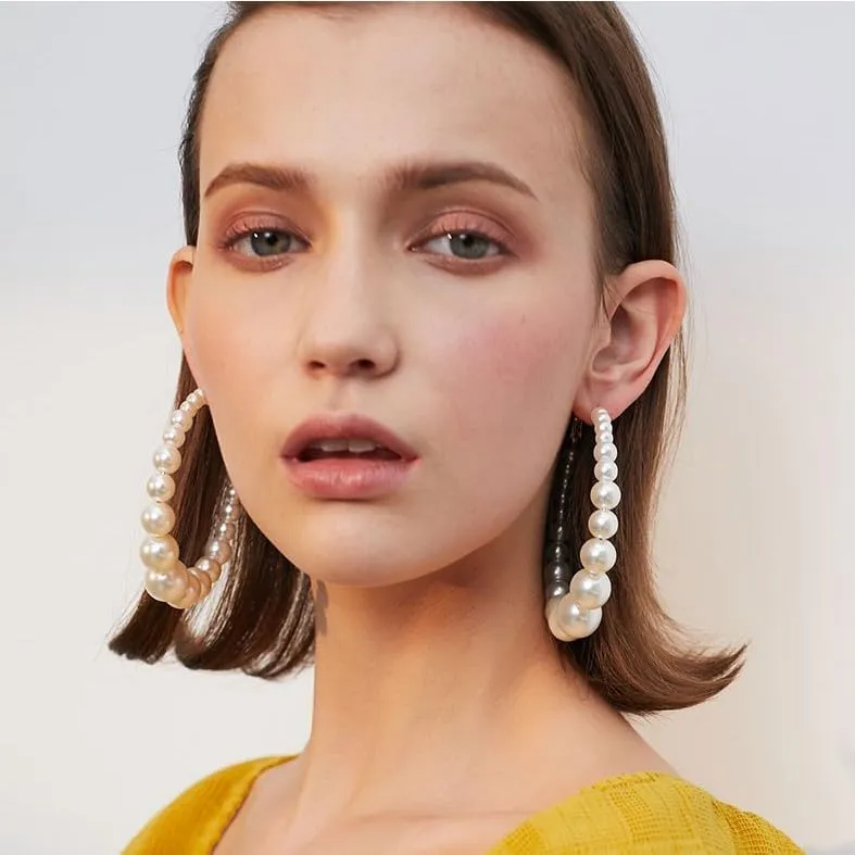 Pearl Hoop Earrings for Women, Statement Large Hoop Pearl Dangle Earrings Trendy Unique Gold Plated Beaded Pierced Earrings for Holiday Jewelry Gifts