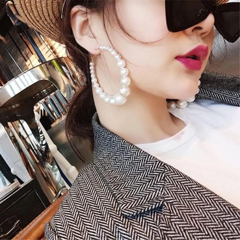 Pearl Hoop Earrings for Women, Statement Large Hoop Pearl Dangle Earrings Trendy Unique Gold Plated Beaded Pierced Earrings for Holiday Jewelry Gifts