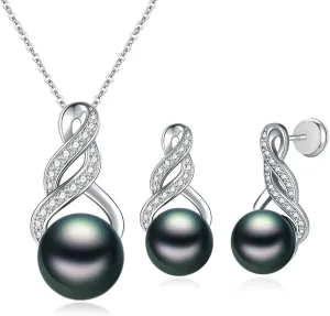 Pearl Necklace and Earring Set for Women - 925 Sterling Silver Pearl Jewelry Set Rhodium/Gold Plated Anniversary Birthday Gifts for Her Packaged in Preserved Rose Box