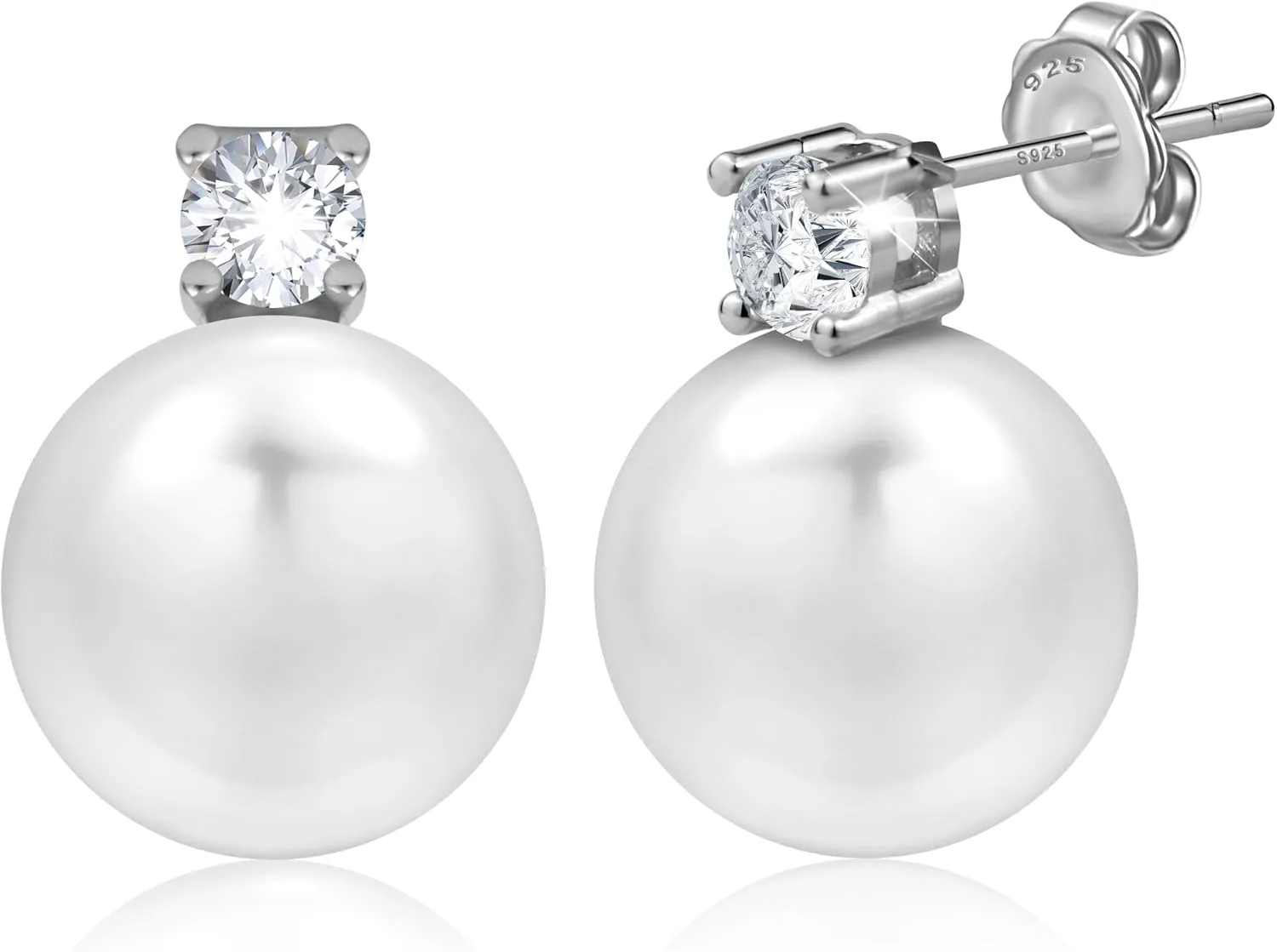 Pearl Stud Earrings for Women 925 Sterling Silver Post 5A Cubic Zirconia Stud Earrings 12MM