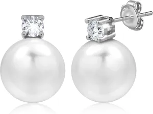 Pearl Stud Earrings for Women 925 Sterling Silver Post 5A Cubic Zirconia Stud Earrings 12MM