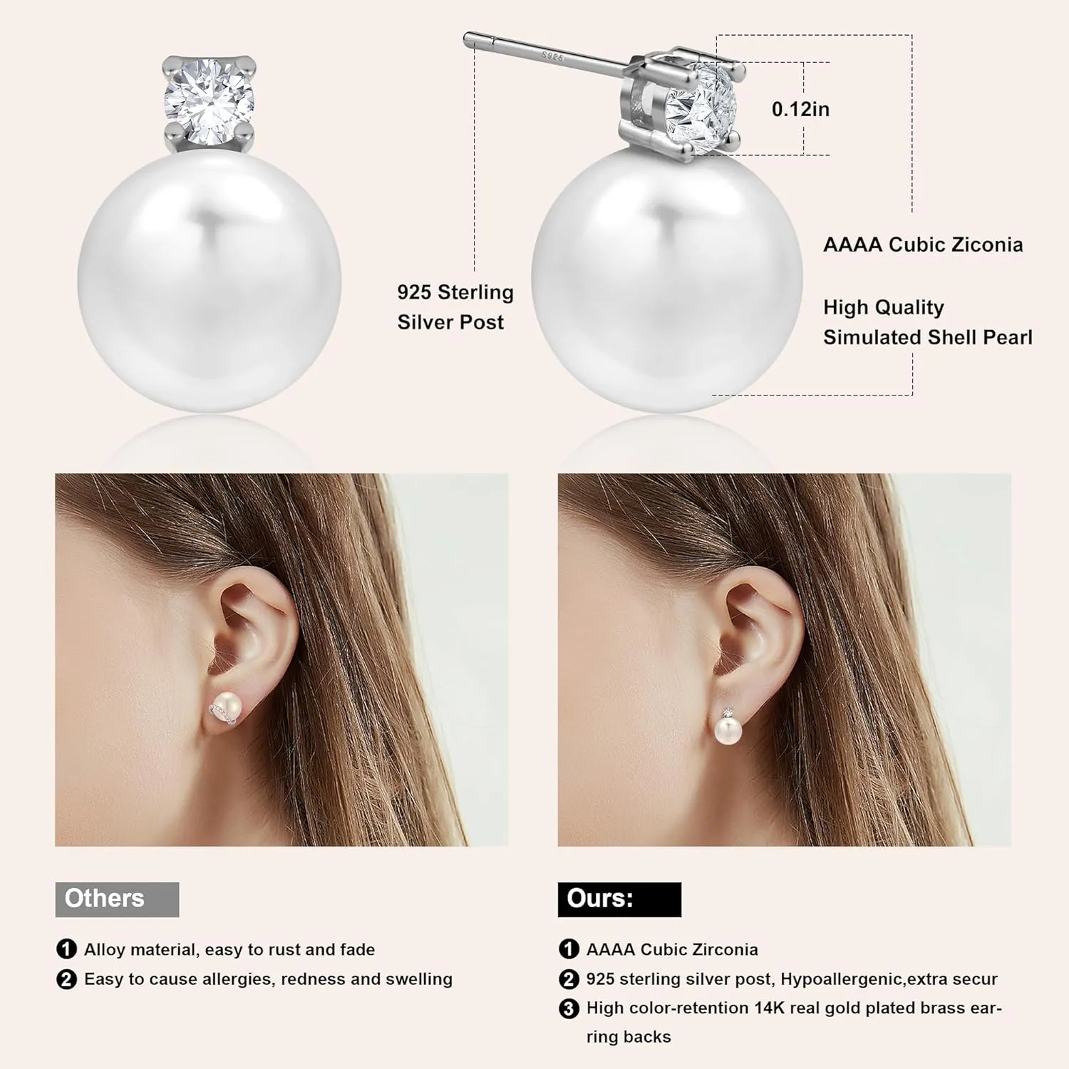 Pearl Stud Earrings for Women 925 Sterling Silver Post 5A Cubic Zirconia Stud Earrings 12MM