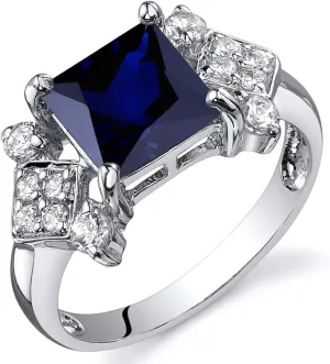 PEORA Created Blue Sapphire Ring for Women in Sterling Silver, Vintage Style Design, Princess Cut 2.50 Carats total, Comfort Fit, Sizes 5 to 9