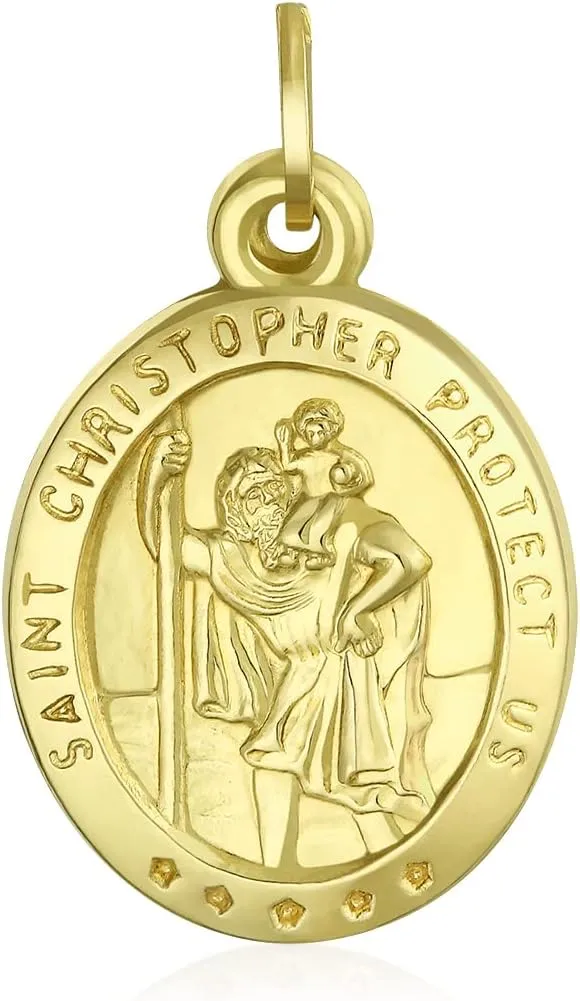 Personalize Religious Yellow Real 14K Gold Saint Christopher, Protection Medallion Police Shield Saint Michael Archangel, Face of Jesus Christ Head Pendant Necklace Men Women Customizable No Chain