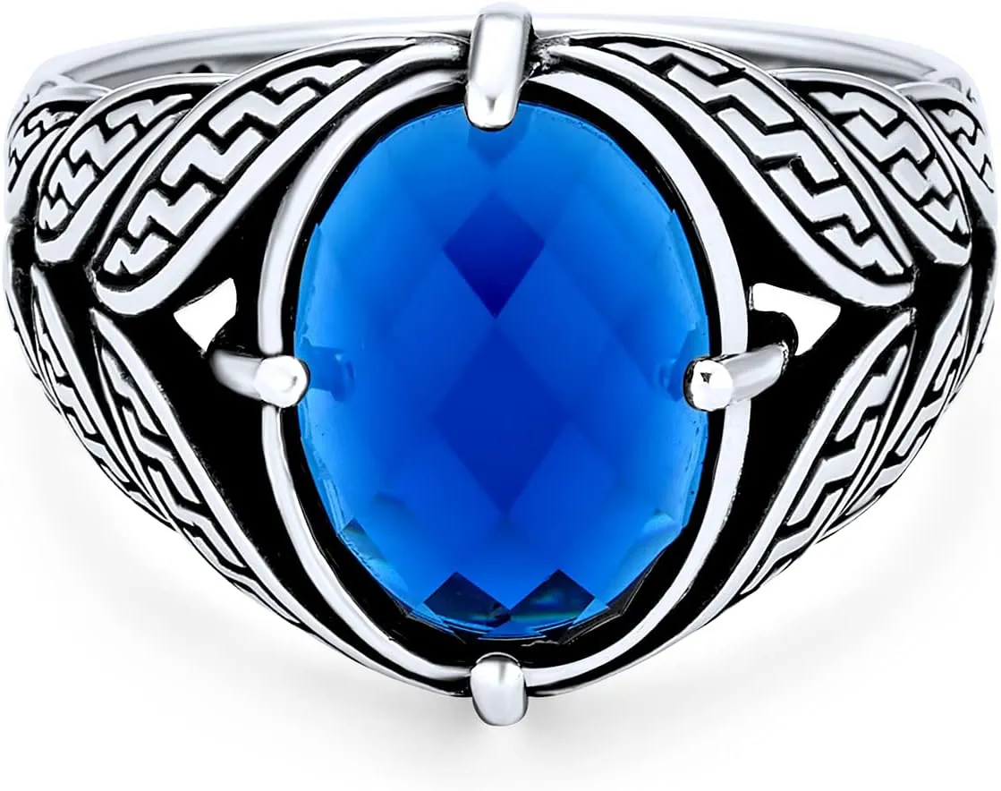 Personalize Unisex Vintage Style Scroll or Cobble Stone Cubic Zirconia CZ Simulated Blue Sapphire Statement Signet Ring For Men Oxidized .925 Sterling Silver Handmade In Turkey