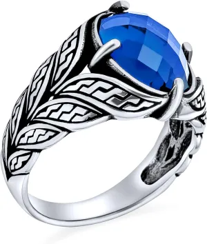 Personalize Unisex Vintage Style Scroll or Cobble Stone Cubic Zirconia CZ Simulated Blue Sapphire Statement Signet Ring For Men Oxidized .925 Sterling Silver Handmade In Turkey